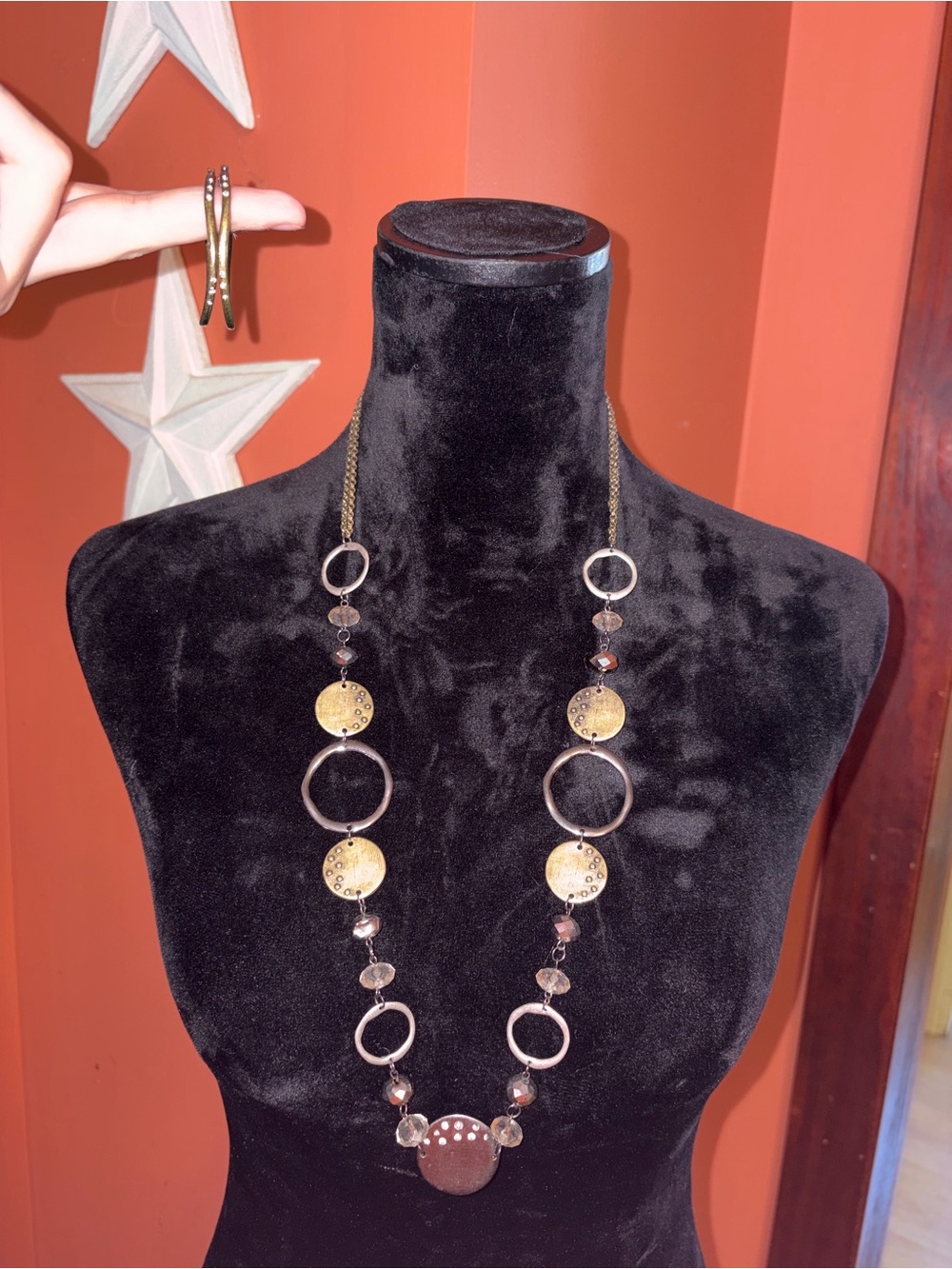 Long Mixed Metal Circle Pendant Necklace and earrings in brass & silver
